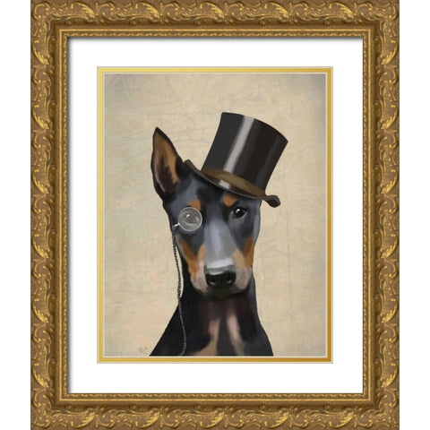 Doberman, Formal Hound and Hat Gold Ornate Wood Framed Art Print with Double Matting by Fab Funky
