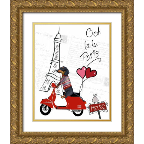 Dachshund In Paris Gold Ornate Wood Framed Art Print with Double Matting by Fab Funky