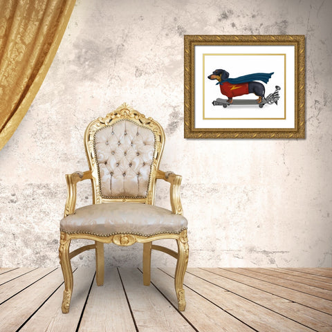 Dachshund On Skateboard Gold Ornate Wood Framed Art Print with Double Matting by Fab Funky