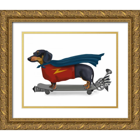 Dachshund On Skateboard Gold Ornate Wood Framed Art Print with Double Matting by Fab Funky