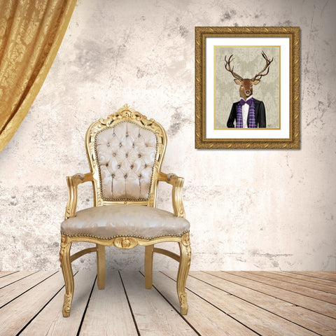 Deer in Evening Suit, Portrait Gold Ornate Wood Framed Art Print with Double Matting by Fab Funky