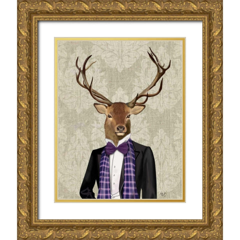 Deer in Evening Suit, Portrait Gold Ornate Wood Framed Art Print with Double Matting by Fab Funky