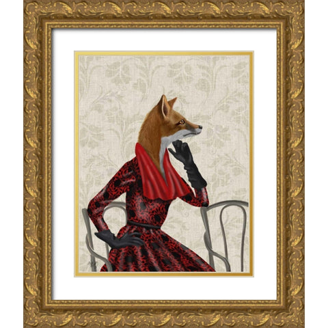 Fox with Red Scarf Gold Ornate Wood Framed Art Print with Double Matting by Fab Funky