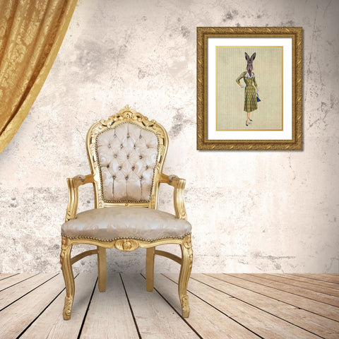 Rabbit In Mustard Dress Gold Ornate Wood Framed Art Print with Double Matting by Fab Funky