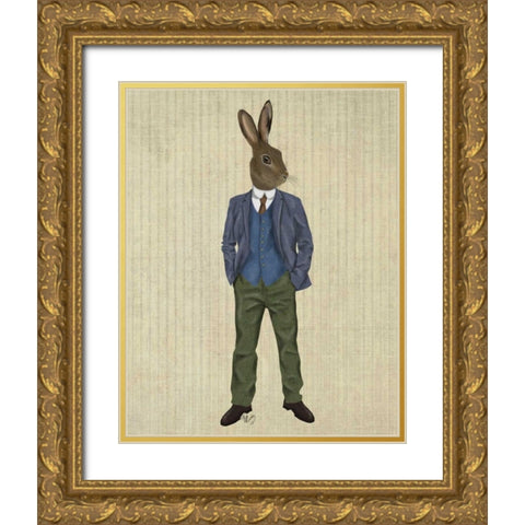 Rabbit in Blue Waistcoat Gold Ornate Wood Framed Art Print with Double Matting by Fab Funky