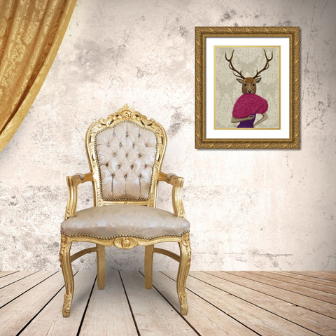 Deer with Fan, Portrait Gold Ornate Wood Framed Art Print with Double Matting by Fab Funky