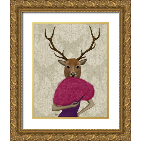Deer with Fan, Portrait Gold Ornate Wood Framed Art Print with Double Matting by Fab Funky