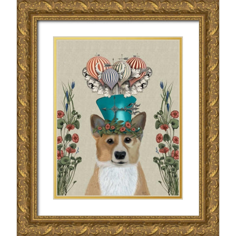 Corgi Milliners Dog Gold Ornate Wood Framed Art Print with Double Matting by Fab Funky