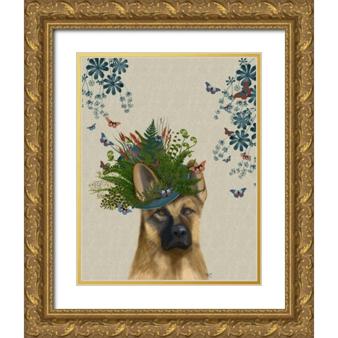 German Shepherd Milliners Dog Gold Ornate Wood Framed Art Print with Double Matting by Fab Funky