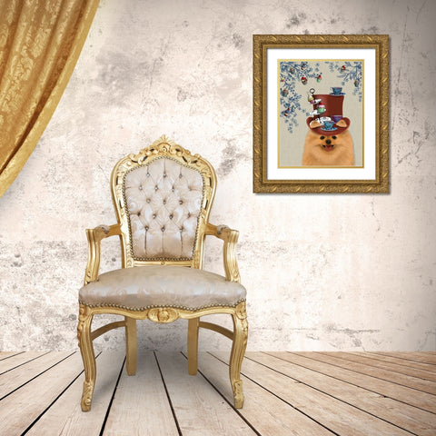 Pomeranian Milliners Dog Gold Ornate Wood Framed Art Print with Double Matting by Fab Funky