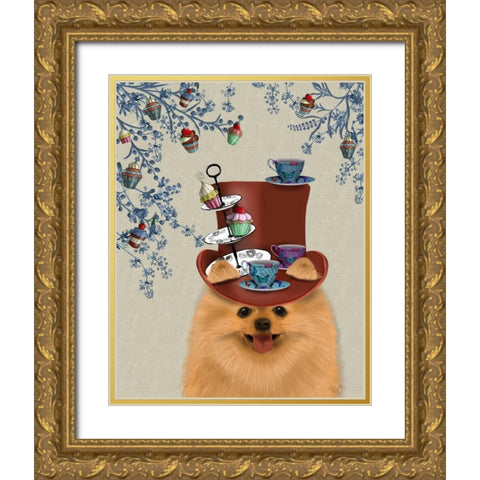 Pomeranian Milliners Dog Gold Ornate Wood Framed Art Print with Double Matting by Fab Funky