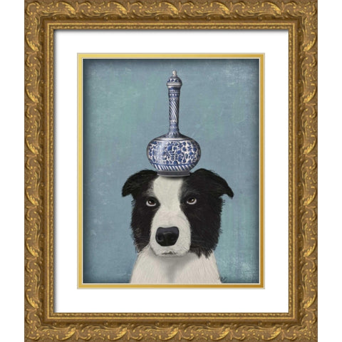 Border Collie with Blue Vase Gold Ornate Wood Framed Art Print with Double Matting by Fab Funky