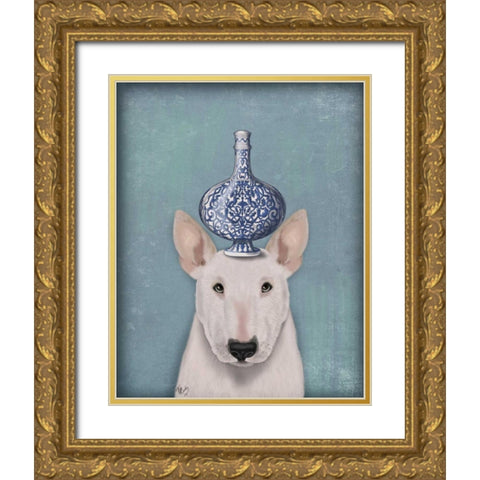 English Bull Terrier with Blue Vase Gold Ornate Wood Framed Art Print with Double Matting by Fab Funky