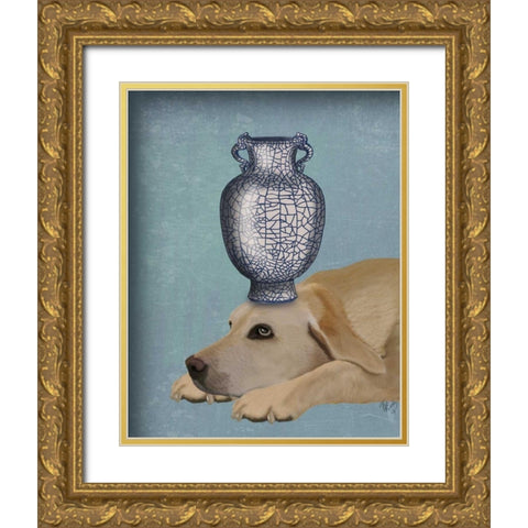 Labrador with Blue Vase Gold Ornate Wood Framed Art Print with Double Matting by Fab Funky