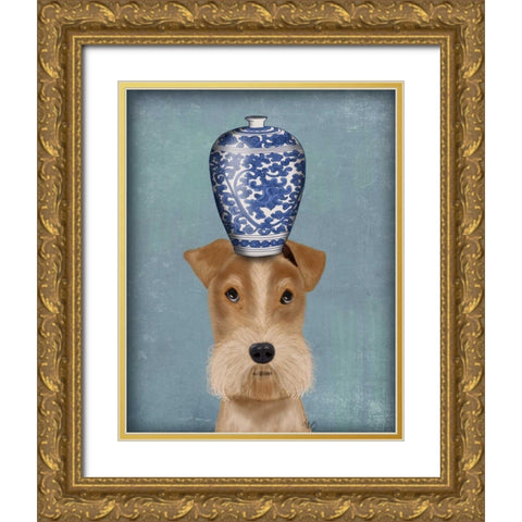 Fox Terrier with Blue Vase Gold Ornate Wood Framed Art Print with Double Matting by Fab Funky