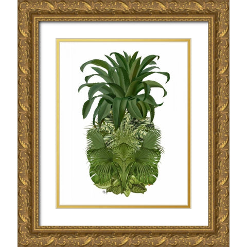 Pineapple, Tropical Palms, Green Gold Ornate Wood Framed Art Print with Double Matting by Fab Funky
