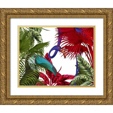 Toucan And Flamingo Gold Ornate Wood Framed Art Print with Double Matting by Fab Funky