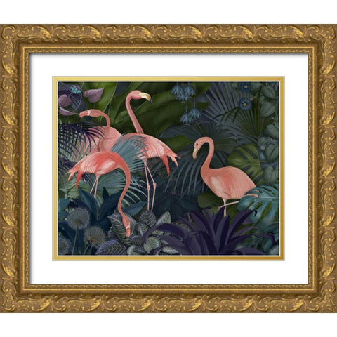Flamingos in Blue Garden Gold Ornate Wood Framed Art Print with Double Matting by Fab Funky