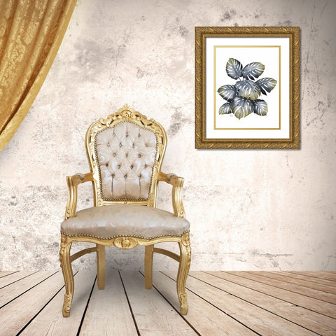 Monstera Plant, Grey and Gold Gold Ornate Wood Framed Art Print with Double Matting by Fab Funky