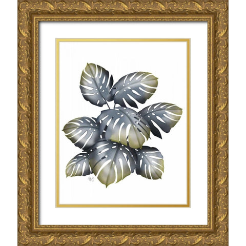 Monstera Plant, Grey and Gold Gold Ornate Wood Framed Art Print with Double Matting by Fab Funky