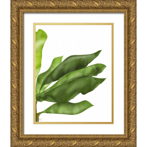 Banana Leaves 1, Green on White Gold Ornate Wood Framed Art Print with Double Matting by Fab Funky