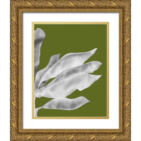 Banana Leaves 1, White On Green Gold Ornate Wood Framed Art Print with Double Matting by Fab Funky