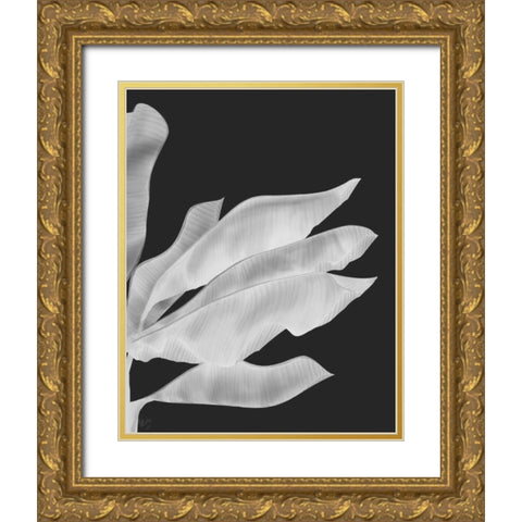 Banana Leaves 1, White On Black Gold Ornate Wood Framed Art Print with Double Matting by Fab Funky