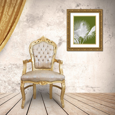 Fan Palm 1, White on Green Gold Ornate Wood Framed Art Print with Double Matting by Fab Funky