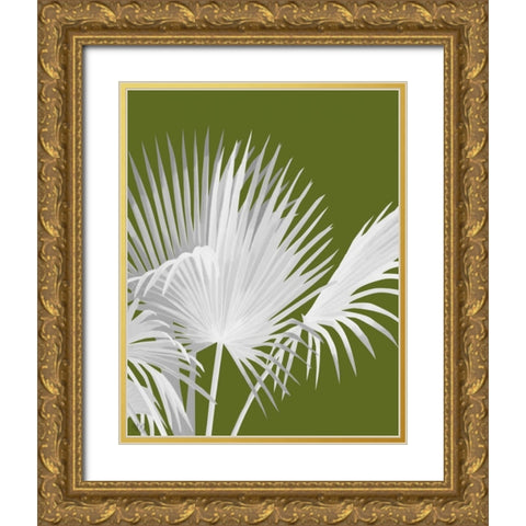 Fan Palm 1, White on Green Gold Ornate Wood Framed Art Print with Double Matting by Fab Funky