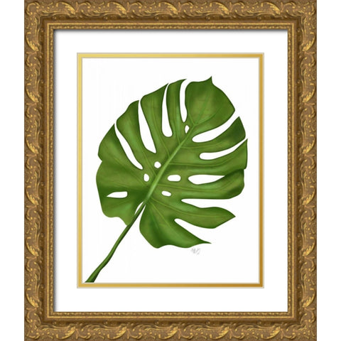 Monstera Leaf 1, Green on White Gold Ornate Wood Framed Art Print with Double Matting by Fab Funky