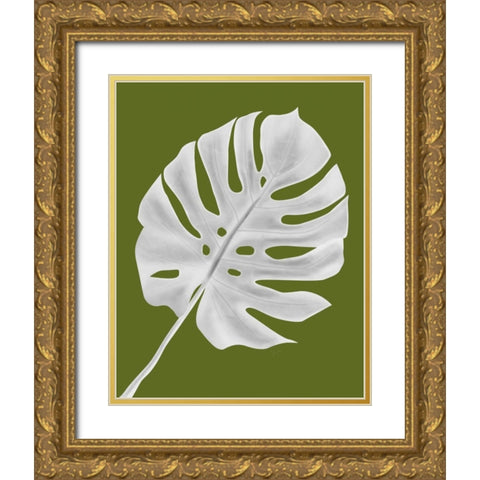 Monstera Leaf 1, White On Green Gold Ornate Wood Framed Art Print with Double Matting by Fab Funky