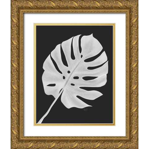 Monstera Leaf 1, White On Black Gold Ornate Wood Framed Art Print with Double Matting by Fab Funky