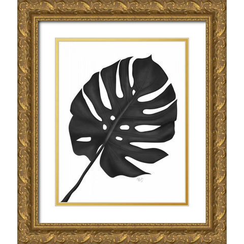 Monstera Leaf 1, Black On White Gold Ornate Wood Framed Art Print with Double Matting by Fab Funky