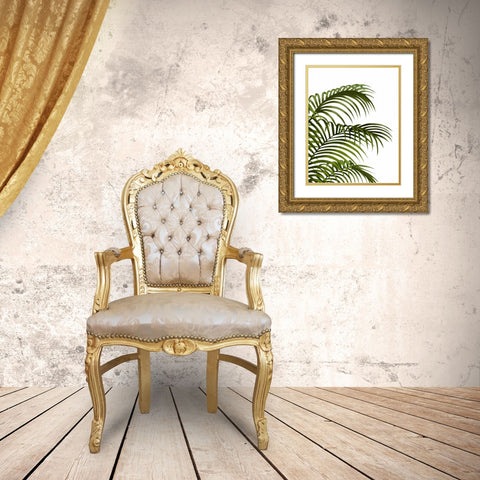 Palm Leaf 1, Green On White Gold Ornate Wood Framed Art Print with Double Matting by Fab Funky