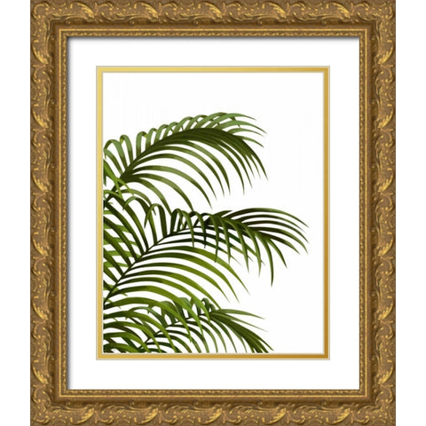 Palm Leaf 1, Green On White Gold Ornate Wood Framed Art Print with Double Matting by Fab Funky