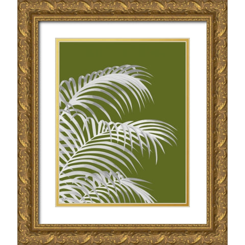 Palm Leaf 1, White On Green Gold Ornate Wood Framed Art Print with Double Matting by Fab Funky