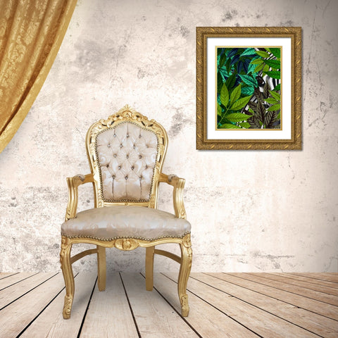 Zebra in Green Leaves Gold Ornate Wood Framed Art Print with Double Matting by Fab Funky