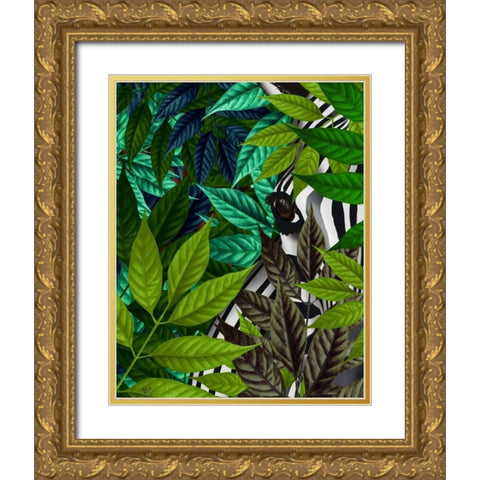 Zebra in Green Leaves Gold Ornate Wood Framed Art Print with Double Matting by Fab Funky