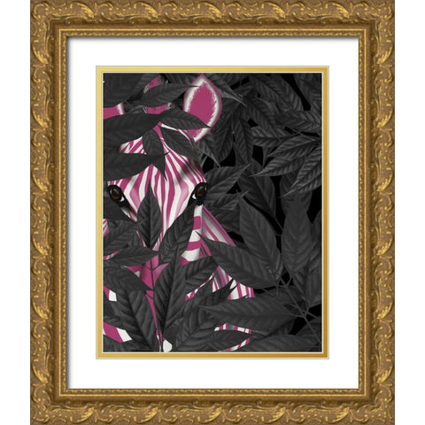 Zebra, Pink in Black Leaves Gold Ornate Wood Framed Art Print with Double Matting by Fab Funky