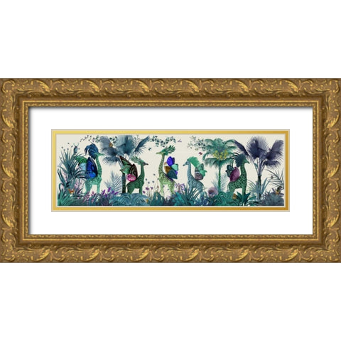 Tropical Giraffes, Blue Gold Ornate Wood Framed Art Print with Double Matting by Fab Funky