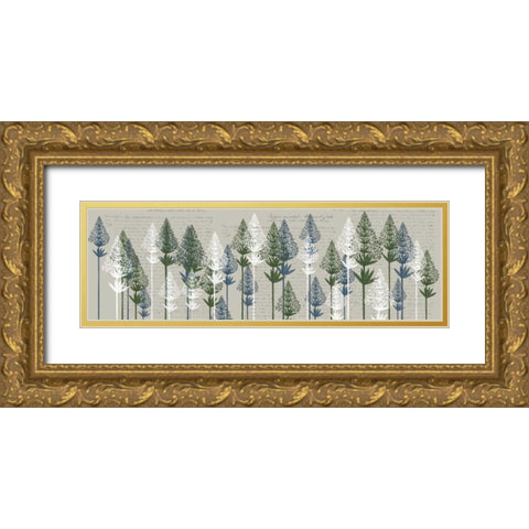 Leafy Pines, French Blue and Moss Gold Ornate Wood Framed Art Print with Double Matting by Fab Funky