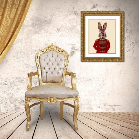 Military Rabbit in Red Gold Ornate Wood Framed Art Print with Double Matting by Fab Funky