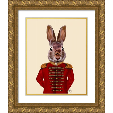 Military Rabbit in Red Gold Ornate Wood Framed Art Print with Double Matting by Fab Funky