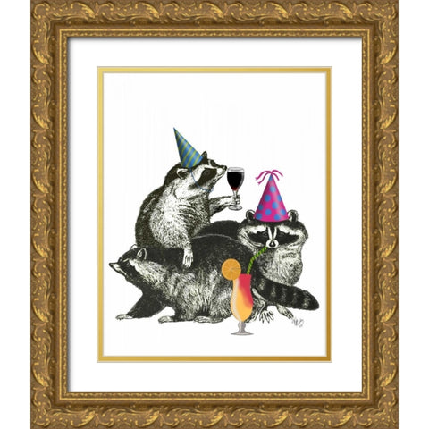 Raccoon Party Gold Ornate Wood Framed Art Print with Double Matting by Fab Funky