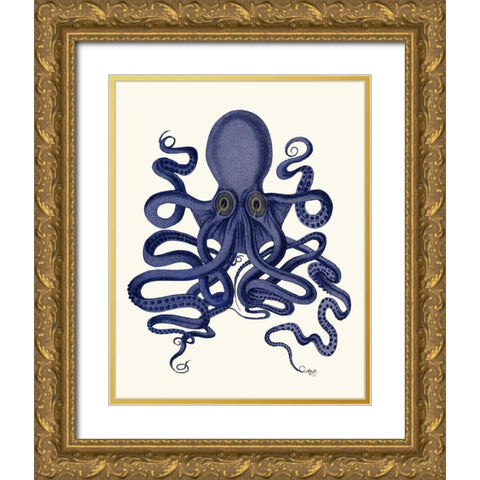 Octopus 9, Blue Gold Ornate Wood Framed Art Print with Double Matting by Fab Funky