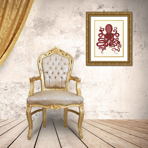 Octopus 9, Red Gold Ornate Wood Framed Art Print with Double Matting by Fab Funky