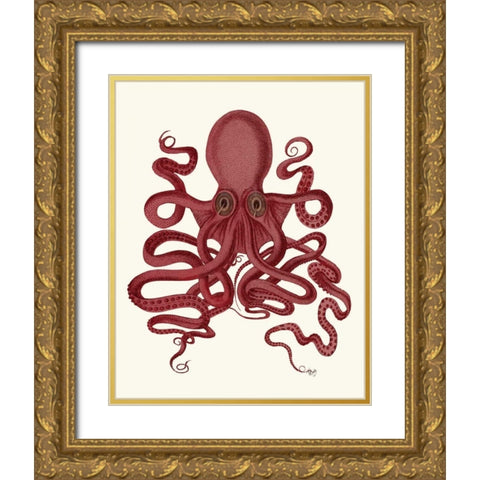 Octopus 9, Red Gold Ornate Wood Framed Art Print with Double Matting by Fab Funky