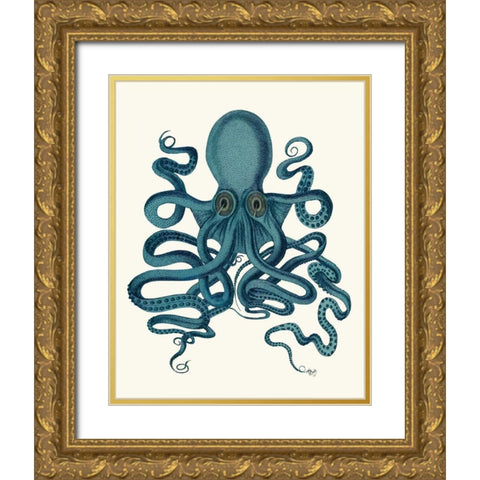 Octopus 9, Teal Gold Ornate Wood Framed Art Print with Double Matting by Fab Funky