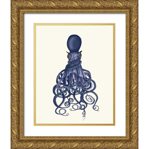 Octopus, Twisted Blue Gold Ornate Wood Framed Art Print with Double Matting by Fab Funky