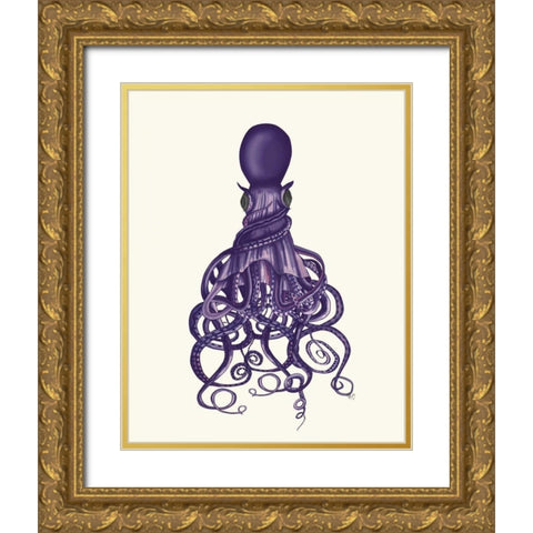 Octopus, Twisted Purple Gold Ornate Wood Framed Art Print with Double Matting by Fab Funky